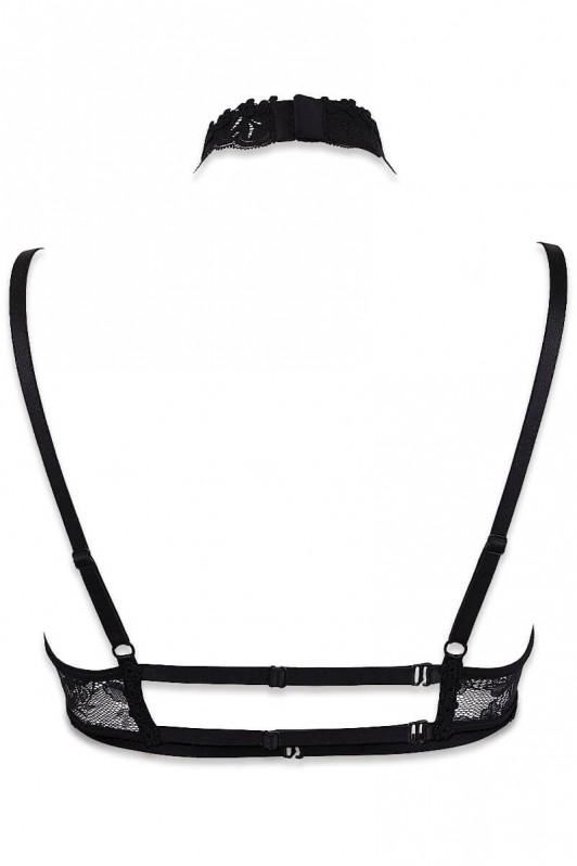 Black, Rose, and Red Embroidered Tulle: Full-Cup Bra and Harness Cabaret by Luxxa Lingerie