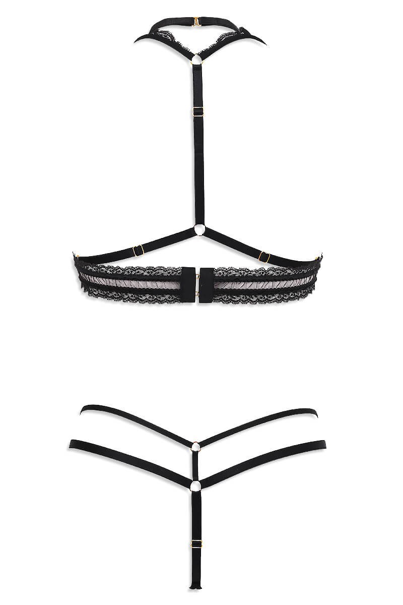 Détails du harnais Luxxa Lingerie - Secrète avec bijou doré et collier ajustable