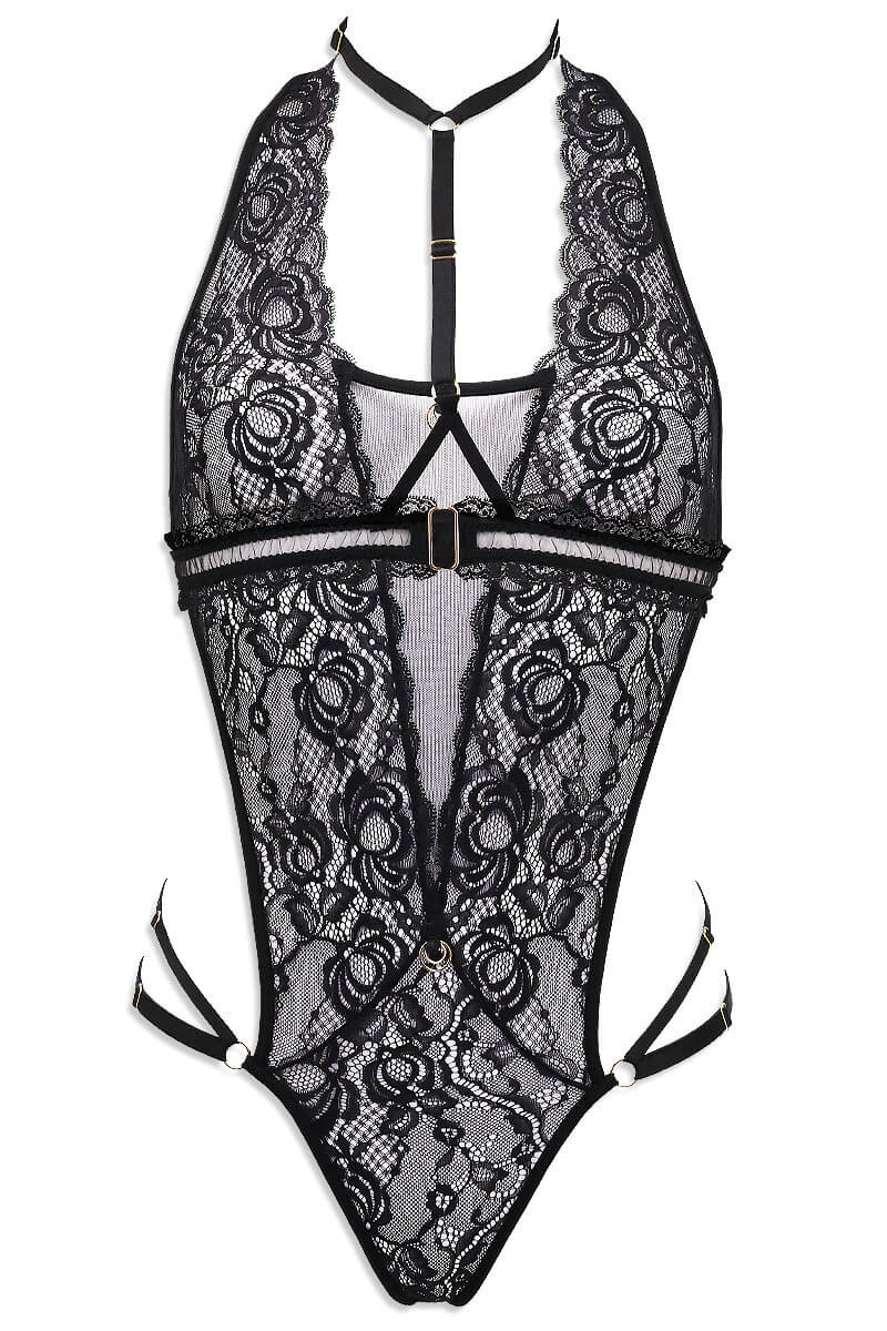 Luxxa Lingerie - Secrète : Ensemble body et harnais en dentelle et tulle noir
