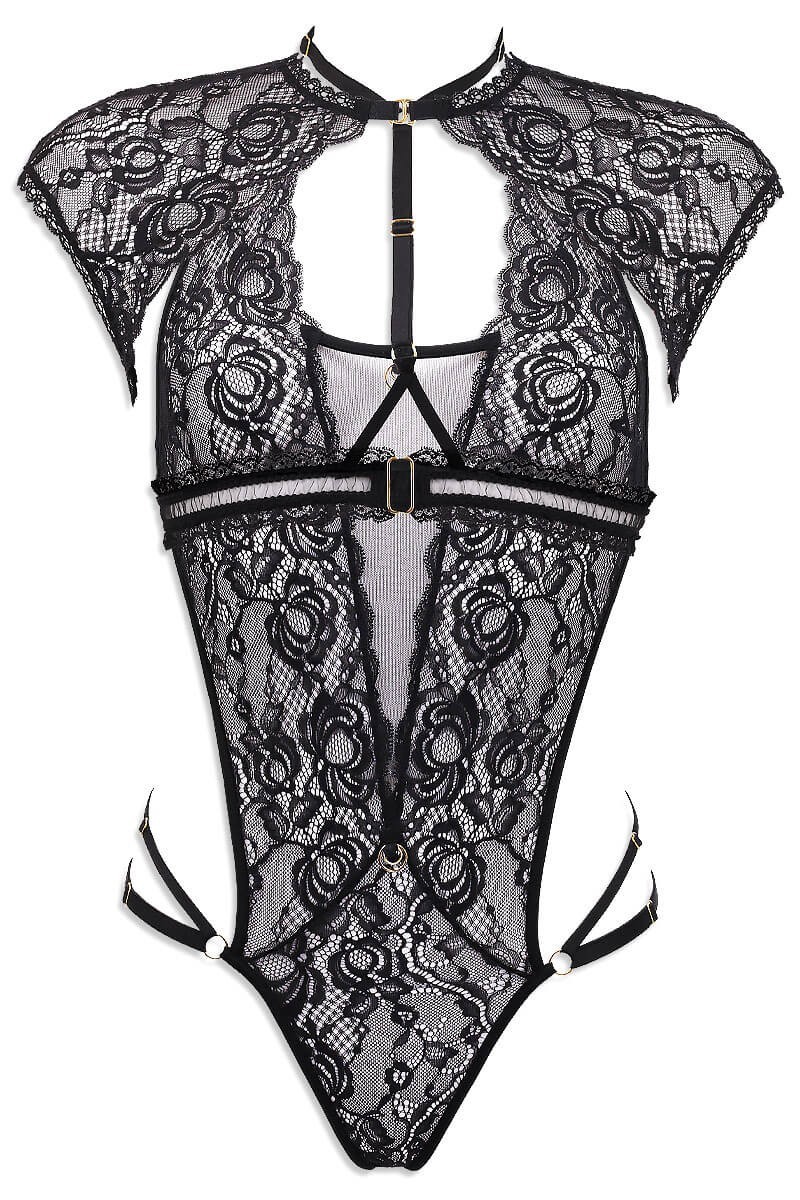 Luxxa Lingerie - Secrète : Ensemble Body et Harnais en dentelle noire et tulle transparent
