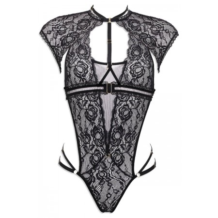 Luxxa Lingerie - Secrète : Ensemble Body et Harnais en dentelle noire et tulle transparent